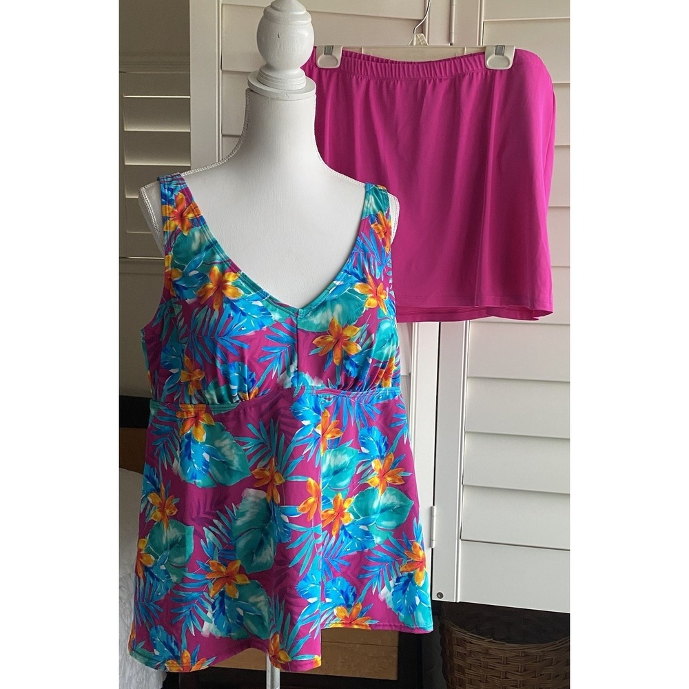 Swimsuits For All Swim Dress Women Plus Sz 20 Pink 2 Piece Tankini Tropical‎ NEW
